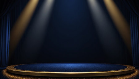 Stage podium with lighting, Stage Podium Scene with for Award Ceremony on blue Background.の素材