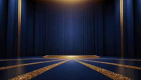 Stage with blue curtains and golden spotlights. 3d rendering.の素材
