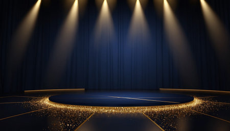 Stage with blue curtains and spotlights. 3d render. Stage background.の素材