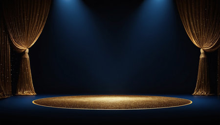 Stage with golden curtains and spotlights. 3d render. Stage background.の素材