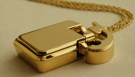 Golden keychain with chain on beige background, close-upの素材