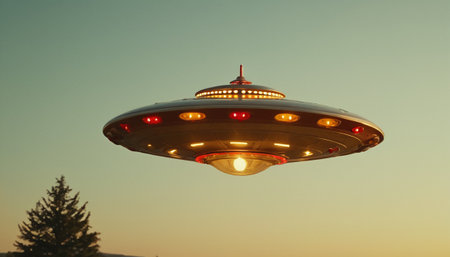 UFO flying in the sky at sunset. Flying saucer.の素材