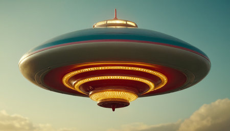 Flying saucer with blue sky in the background, retro tonedの素材