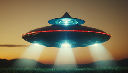 UFO flying in the night sky. 3d render illustration.の素材