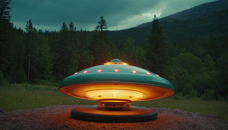 Futuristic UFO flying over the forest at night. Futuristic spaceship.の素材