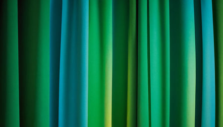 Curtain background. Close-up of curtain with green and blue stripesの素材