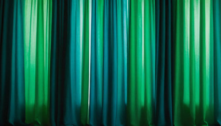 Green curtain background. Curtain in the theatre, theater or cinemaの素材