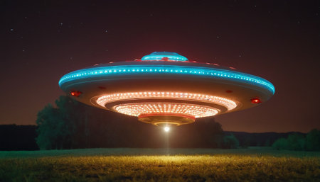 Flying saucer in the night sky with stars. UFO spaceship.の素材