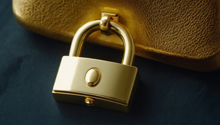 Golden padlock on a brown leather case. Close-up.の素材