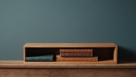 Books on a wooden shelf against a green wall, 3d renderの素材