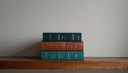 Stack of books on wooden shelf with copy space for your text.の素材