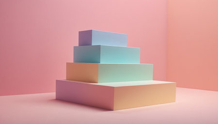 Colorful geometric podiums on a pink background. 3d renderingの素材