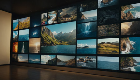 Photos on the wall of a modern office building with sea and mountainsの素材