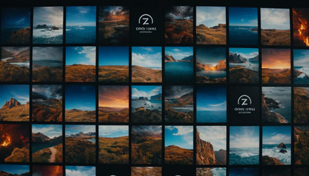 Cinema screens with photos of mountains, sea and sky.の素材