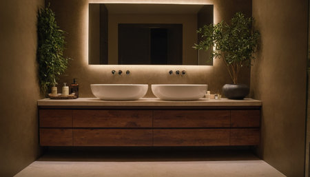 Interior of modern bathroom with brown walls, concrete floor, comfortable washbasin and round mirror.の素材