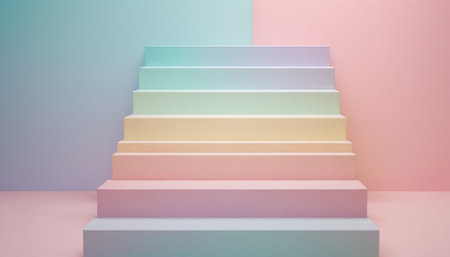 Stairs on pastel pink and blue background. 3d renderingの素材