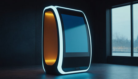 3d rendering of a big blank screen in a dark room with windowsの素材