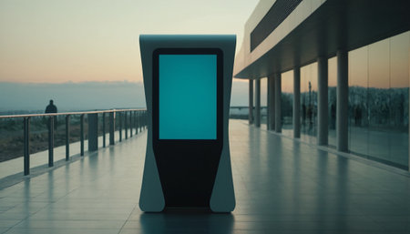 Mockup of interactive kiosk on the terrace of a modern buildingの素材