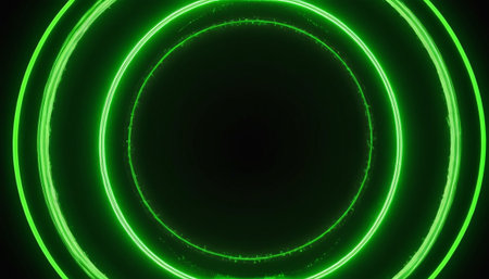 Neon circle background. Green glowing circle background. Vector illustration.の素材