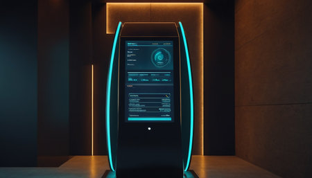 3d rendering of a futuristic touchscreen display in a dark room with neon lightsの素材