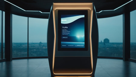 3D rendering of a smart phone with a blue screen in a futuristic interiorの素材