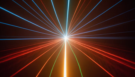 3d illustration of a laser beam on a dark background with raysの素材