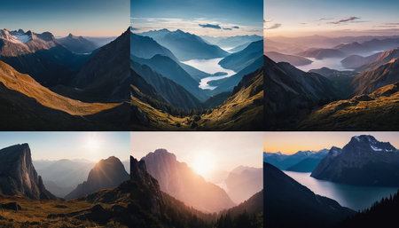 Collage of pictures of beautiful alpine landscape with mountains at sunsetの素材