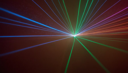 Colorful laser beam on dark background. Laser rays in the dark.の素材