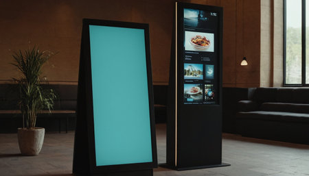 Mockup of a large blank advertising stand in a coffee shopの素材