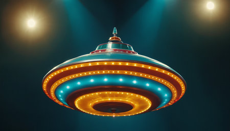 Futuristic flying saucer with luminous stripes. Futuristic UFO.の素材