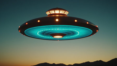 Flying saucer in the night sky. UFO with blue and green light.の素材