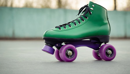 Roller skates on the ground. Close-up image of roller skates.の素材