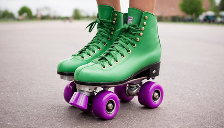 Female legs in a green vintage roller skates on the road.の素材