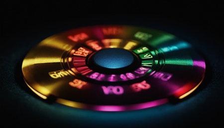 Close up shot of a casino roulette wheel on black background.の素材