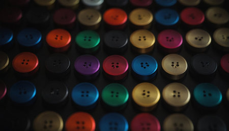 Colorful sewing buttons on a black background. Selective focus.の素材