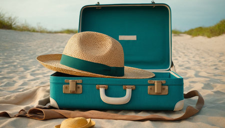 Vintage suitcase with hat and sunglasses on sandy beach. Travel conceptの素材