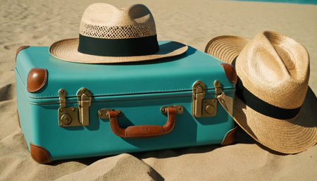 Vintage suitcase with hat and sunglasses on sand. Travel concept.の素材
