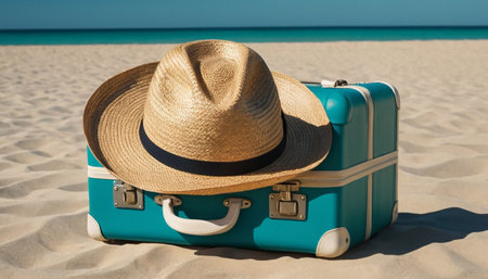 Blue suitcase with straw hat on sandy beach. Vacation concept.の素材