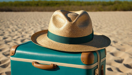 Straw hat on a vintage suitcase on the sand dunes.の素材