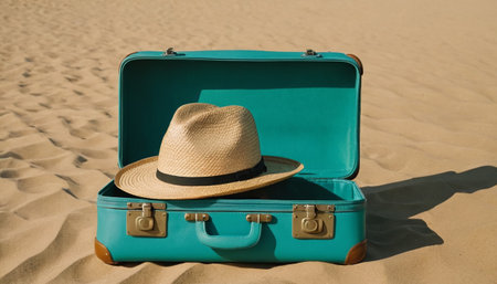 Vintage suitcase with straw hat on sand background. Travel concept.の素材