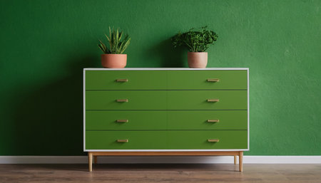 Green chest of drawers with plants in pots on green wall backgroundの素材