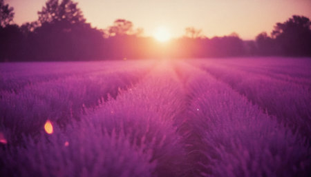 Sunset over lavender field in summer. Filtered image processed vintage effect.の素材