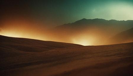 Beautiful sunset in the desert, sand dunes and mountains.の素材