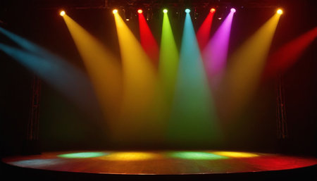 Colorful stage lights on a black background with copy space for textの素材