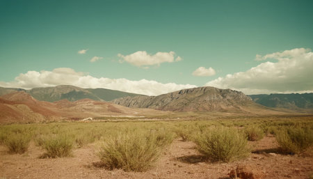 Desert landscape with mountains and blue sky, retro toned.の素材