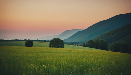 Sunset in the mountains. Beautiful summer landscape with meadow and forest.の素材