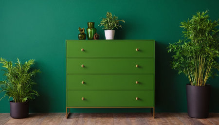 Green wooden chest of drawers with plants on a green wall backgroundの素材