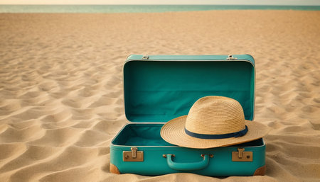 Suitcase and hat on the sand. Travel and vacation concept.の素材