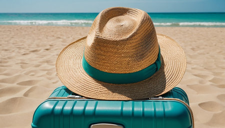 Suitcase with straw hat on the beach. Vacation conceptの素材