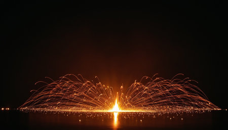 Sparks from spinning steel wool at night, closeup of photoの素材